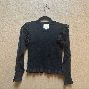 Anthropologie Black Textured Blouse with Ruffle Sleeves